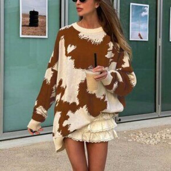 Sweaters - Multicolor Casual Women's Cow Print Western Cowboy Round Neck sweater top